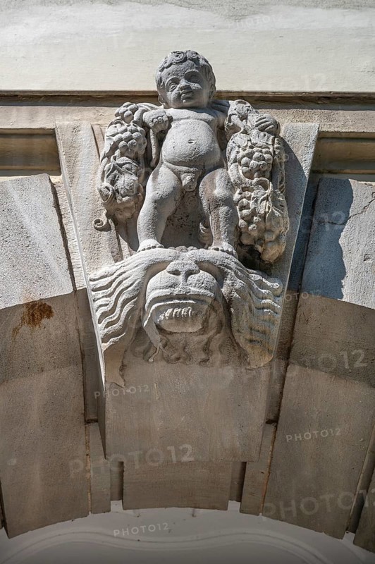Sculpture above the main entrance of Dürer-Gymnasium, Sielstr. 17, Nuremberg, Middle Franconia, Bavaria, Germany, Europe