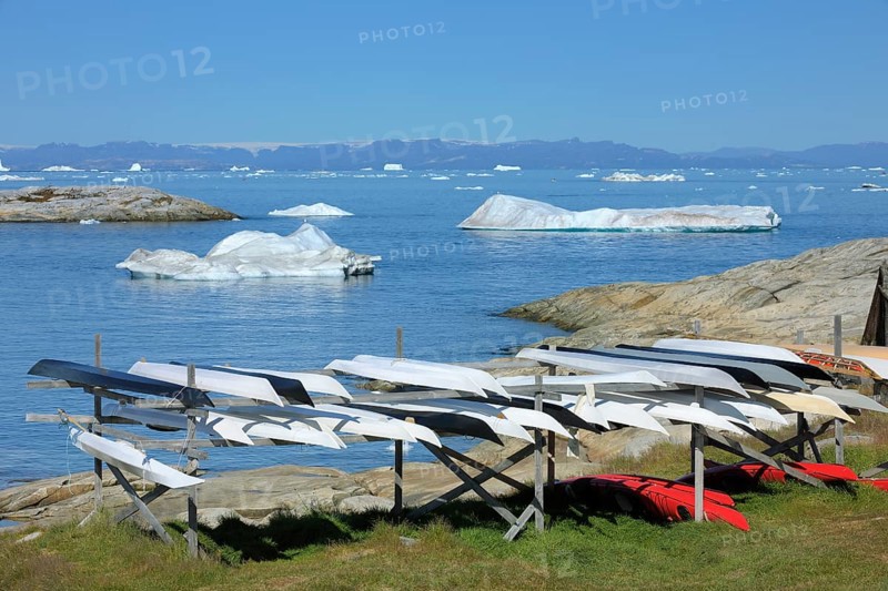 Sea kayak on stand, Ilulissat, Icefjord, Disko Bay, Qaasuitsup, Greenland, Polar Regions, Arctic, North America