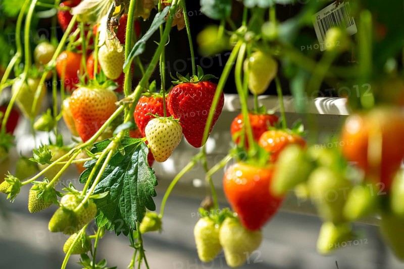 Strawberry cultivation in a greenhouse, young strawberry plants are growing, at different stages of ripeness are individually watered and supplied with nutrients by drip irrigation, they grow in a substrate culture in raised beds, near Dormagen, Rhineland, North Rhine-Westphalia, Germany, Europe