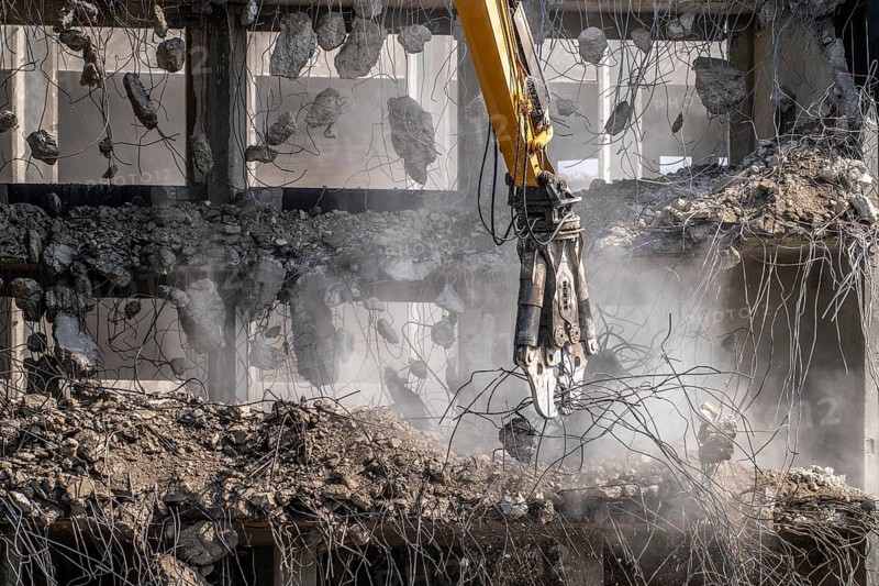 Construction site on Haroldstraße, demolition of a former office building, after complete gutting only the concrete parts remain, large excavator with cutting pliers cuts up concrete parts, steel wire, Düsseldorf, North Rhine-Westphalia, Germany, Europe