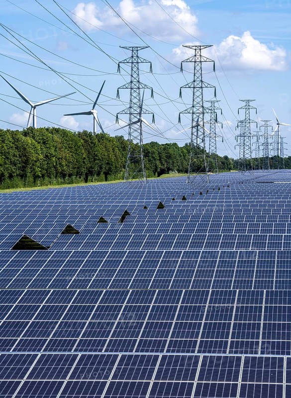 High-voltage power line route, the space underneath is used for a solar park over 5 km long, behind it a wind farm, in the harbour area of Vlissingen-Oost, Netherlands