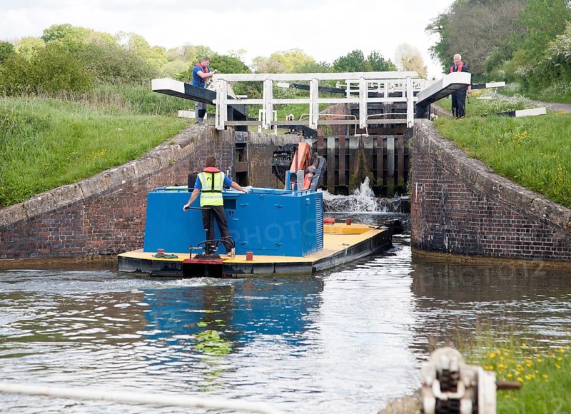 Maintenance boat at Caen Hill flight of locks on the Kennet and Avon canal Devizes, Wiltshire, England, United Kingdom, Europe