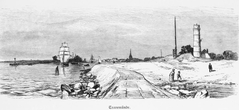 Lighthouse in the Travemünde district, Hanseatic city of Lübeck, Trave, city skyline, riverside path, sailing ship, sails set Schleswig-Holstein, Germany, historical illustration 1880, Europe