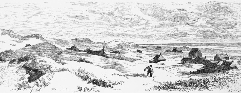 Dune landscape on Juist, North Sea, East Frisia, Lower Saxony, dune grass, houses, hikers, Germany, historical illustration 1880, Europe