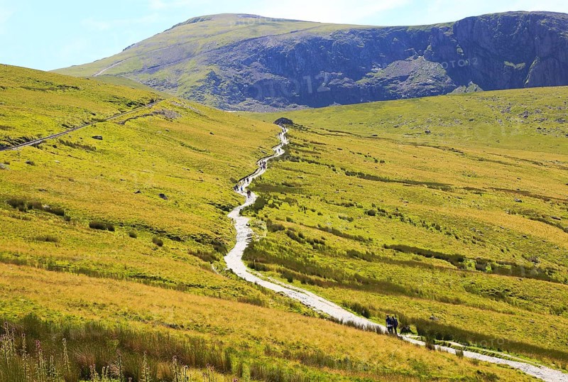 Upland landscape view towards summit, Mount Snowdon, Gwynedd, Snowdonia, north Wales, UK