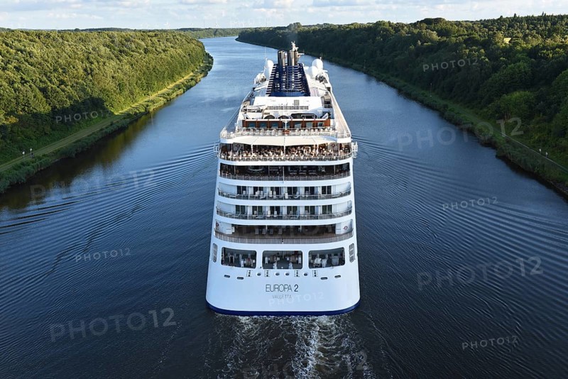 Cruise ship Europa 2 sailing in the evening light in the Kiel Canal, Kiel Canal, Schleswig-Holstein, Germany, Europe