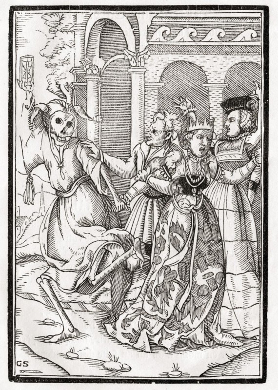 Der Tod kommt für die Königin Woodcut by Georg Scharffenberg after Hans Holbein the Younger from Der Todten Tanz, published Basel 1843, Death comes for the Queen Woodcut by Georg Scharffenberg after Hans Holbein the Younger From Der Todten Tanz or The Dance of Death published Basel 1843, Historic, digitally restored reproduction from a 19th century original, Record date not stated