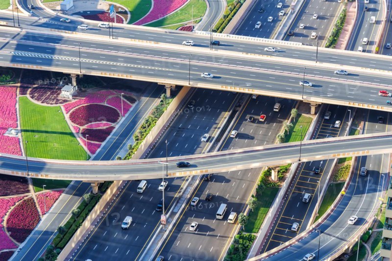 Intersection of Sheikh Zayed Road Traffic on the road near the Burj Khalifa in Dubai, United Arab Emirates, Asia
