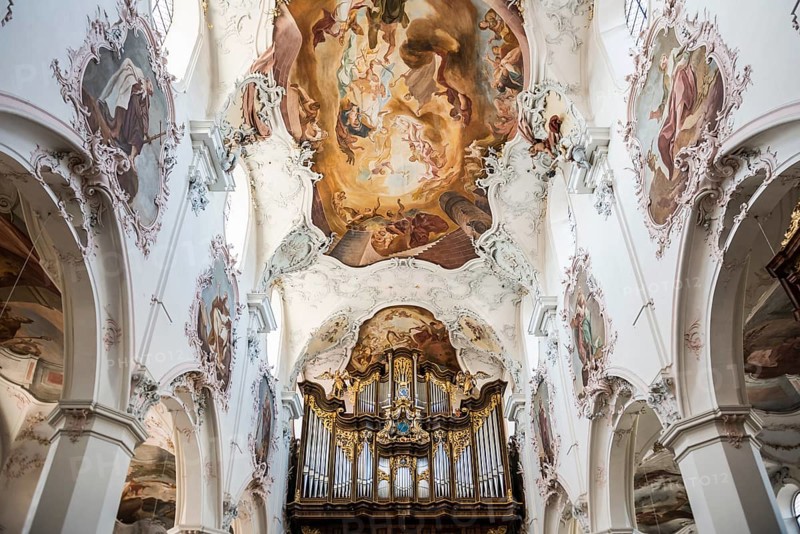 Baroque church, vaulted ceiling and organ, Fridolinsmünster, Church of St Fridolin, Bad Säckingen, Upper Rhine, Rhine, Black Forest, Baden-Württemberg, Germany, Europe