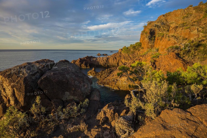 Cap du Dramont, sunrise, Massif de l'Esterel, Esterel Mountains, Département Var, Région Provence-Alpes-Côte d'Azur, France, Europe
