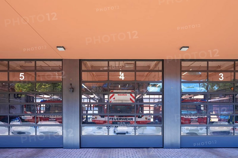 Exit gates from the new building of fire station 1 Reutersbrunnenstraße 63, Nuremberg, Middle Franconia, Bavaria, Germany, Europe