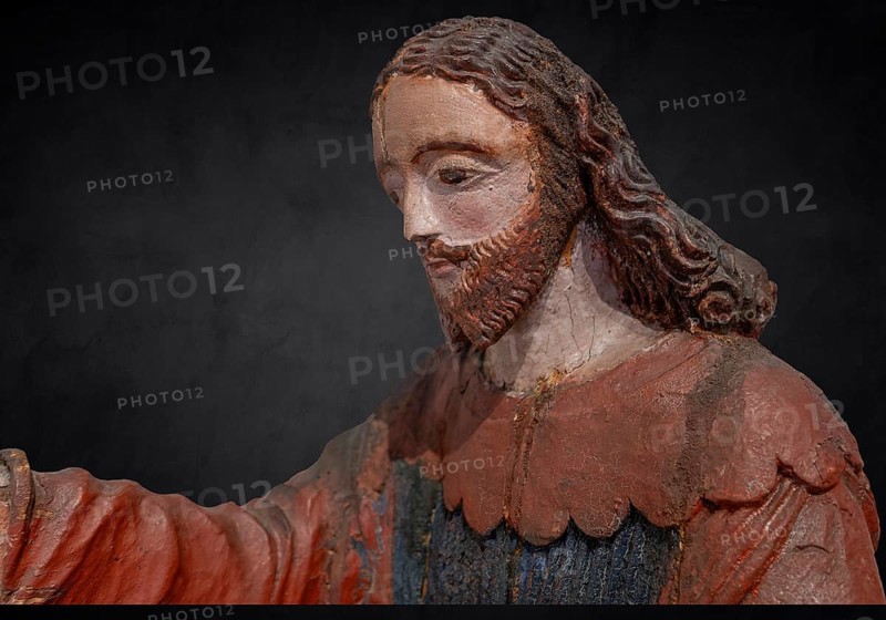 Christ on the palm donkey, on a dark background, detail, wooden figure from around 1400, Museum Bezau, Vorarlberg, Austria, Europe
