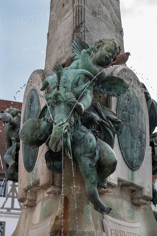 Figures at the Luitpold Fountain, erected in 1899, market square, Kulmbach, Upper Franconia, Bavaria, Germany, Europe