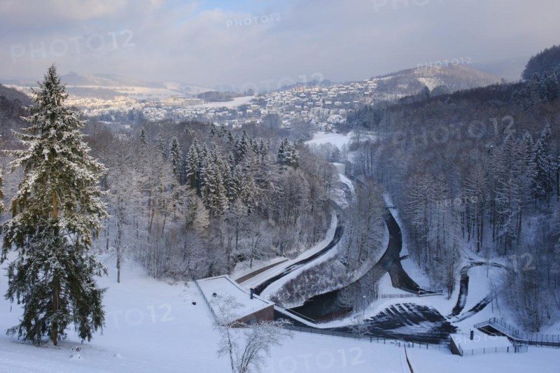 View into the Henne valley and towards Meschede, Henne-Boulevard, winter landscape, Meschede, Naturpark Sauerland-Rothaargebirge, Sauerland, North Rhine-Westphalia, Germany, Europe
