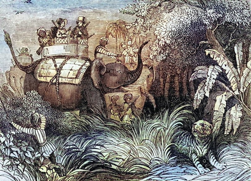 Hunting tigers in India, 1860, Historical, digitally restored reproduction from a 19th century original, Record date not stated