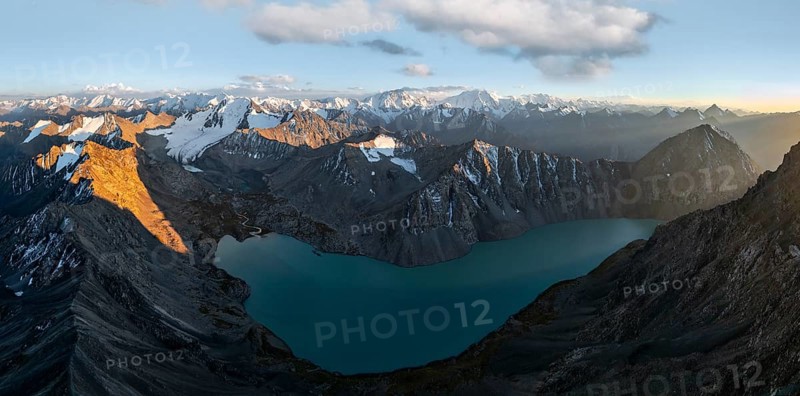 Evening mood, mountain panorama, aerial view, 4000 metre peak with glacier, mountain pass and mountain lake Ala-Kul Lake, Tien Shan, Kyrgyzstan, Asia
