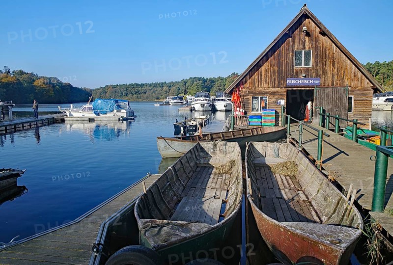 Harbour with boats and wooden hut, surrounded by calm water and nature, Eldenburg, Tourism, Waren Mecklenburg-Vorpommern, Germany, Europe