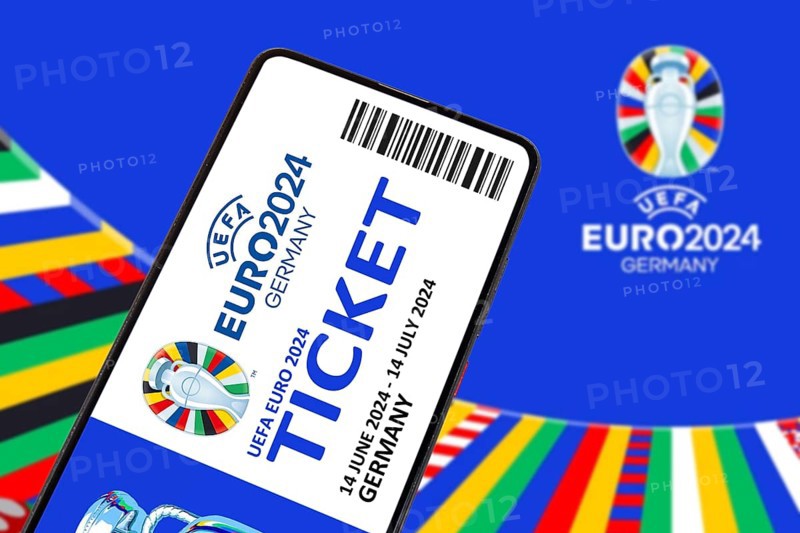 Ticket for UEFA euro 2024 Germany European Football Championship European Championship logo on a mobile phone symbol image photo montage in Germany