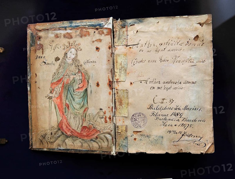 Illustrations from a historical book in the monastery library of the Strahov Praemonstratensian Monastery, Prague, Czech Republic, Europe