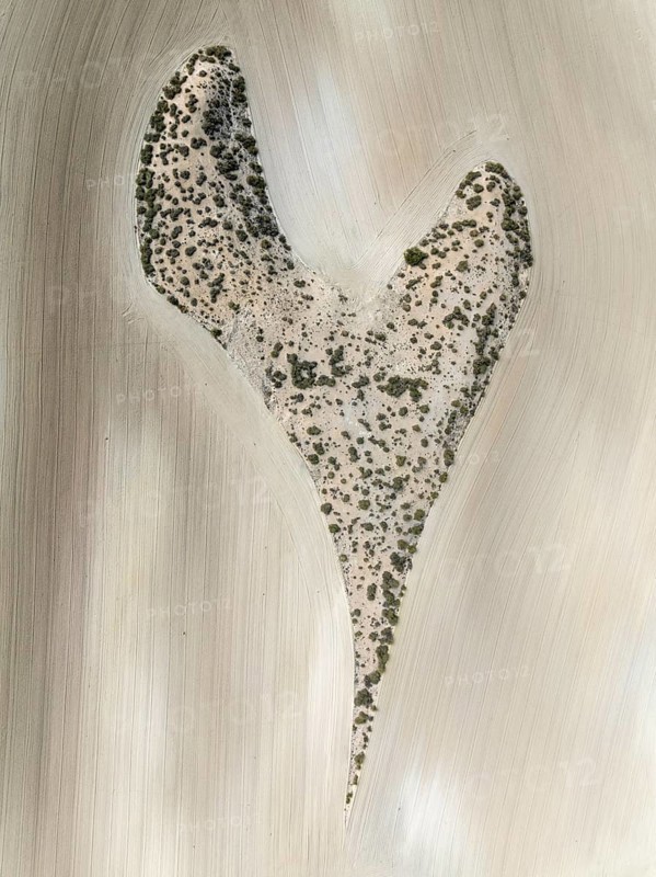 Farmland surrounds a rocky outcrop in the shape of a heart. Aerial view. Drone shot. Granada province, Andalusia, Spain, Europe