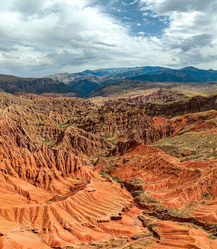Eroded mountain landscape, canyon with red and orange rock formations, aerial view, Konorchek Canyon, Chuy, Kyrgyzstan, Asia