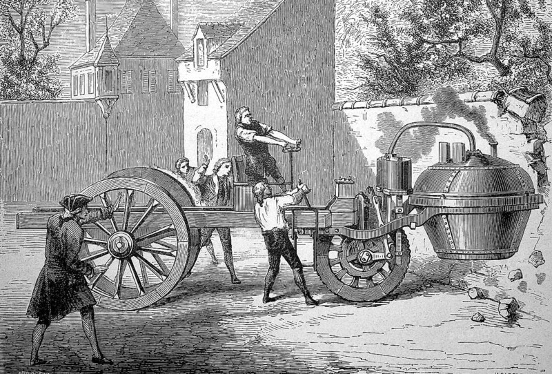 Historical locomotive from 1770, steam carriage by the French engineer Eugnot, historical, digital reproduction of an original from the 19th century