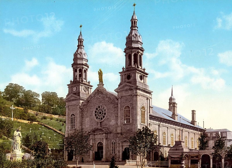 Basilica Sainte-Anne-de-Beaupré, Basilique Sainte-Anne-de-Beaupre, is a basilica set along the Saint Lawrence River in Quebec, Canada, 1890, Historic, digitally restored reproduction from a 19th century original Basilica of Sainte-Anne-de-Beaupré, is a basilica set along the Saint Lawrence River in Quebec, Canada, Historic, digitally restored reproduction from a 19th century original, North America