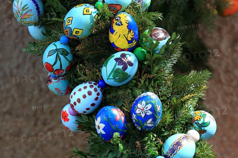 Detail of an Easter fountain in Franconian Switzerland, Bamberg district, Upper Franconia, Germany, many colourful blown-out and dyed eggs as decoration, Easter custom, Europe
