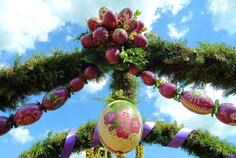 Easter custom, Easter fountain in Franconian Switzerland, detail, here in Bieberbach, district of Forchheim, Upper Franconia, Bavaria, Germany, Europe