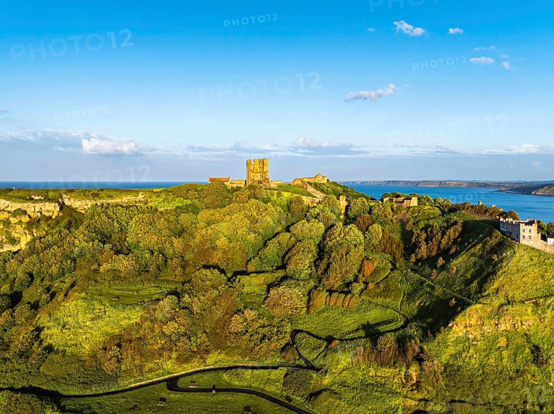 Scarborough Castle from a drone, Scarborough, North Yorkshire, England, United Kingdom, Europe
