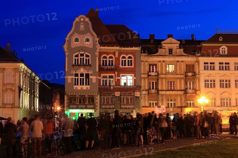 Banat, Timisoara, Timisoara, old town, historical, baroque houses at Piata Unirii, Unification Square, demonstration, Romania, Europe
