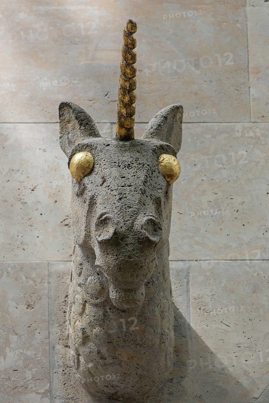 Head of a unicorn above the entrance to the Unicorn Pharmacy, Bamberg, Upper Franconia, Bavaria, Germany, Europe