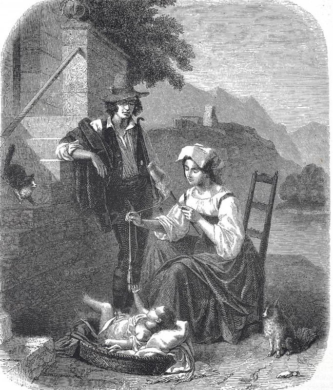 Historical, digitally restored reproduction from a 19th century original, Record date not stated, Family idyll, young couple with a baby lying in a basket. She is holding a yarn spindle in her hand, with the end of which the baby is playing, 1855, Italy, Europe
