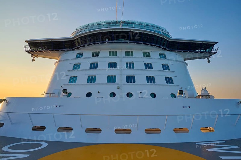 Cruise ship Mein Schiff 6, view from the hump to the bridge, at sunrise, North Sea, Denmark, Europe