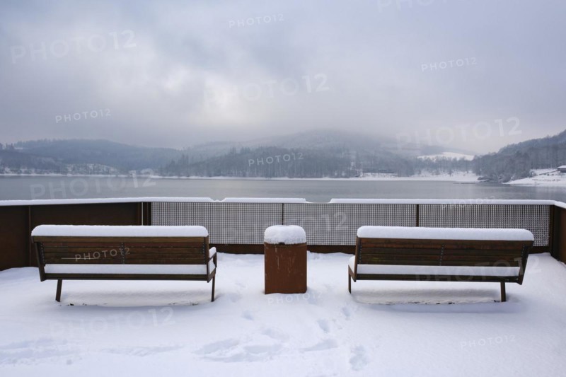 Viewing platform with snow at the Hennesee, Hennetalsperre, Naturpark Sauerland-Rothaargebirge, Meschede, Sauerland, North Rhine-Westphalia, Germany, Europe