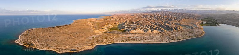 Aerial view, landscape at Lake Issyk Kul, Kyrgyzstan, Asia