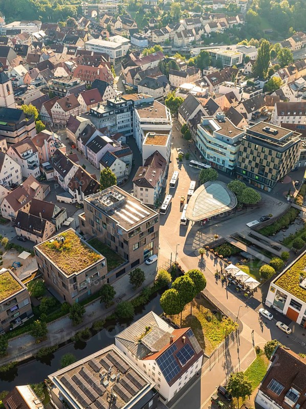 Aerial view of a cityscape with closely built houses, streets and modern buildings, Nagold, Black Forest, Germany, Europe