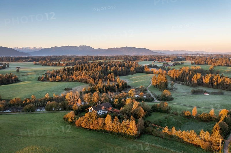 Sunrise near Sachsenkam, Tölzer Land, aerial view, Alpine foothills, Upper Bavaria, Bavaria, Germany, Europe