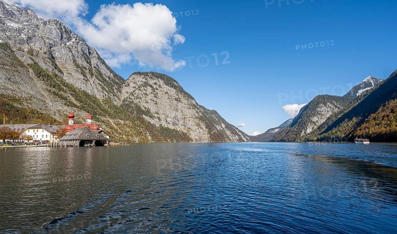Königssee with pilgrimage church St. Bartholomä, autumnal mountain landscape, Berchtesgaden National Park, Berchtesgadener Land, Upper Bavaria, Bavaria, Germany, Europe
