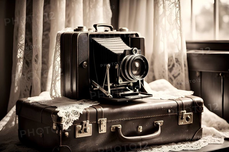 Vintage film camera surrounded by black and white photos in soft sunlight, AI generated
