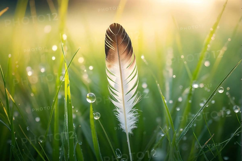A lone feather resting gently on a dew-covered grassy field, with soft morning light illuminating the delicate details, AI generated
