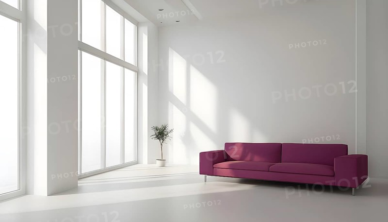 Minimalist living room with clean lines and neutral tones, featuring a modern magenta colored sofa, AI generated