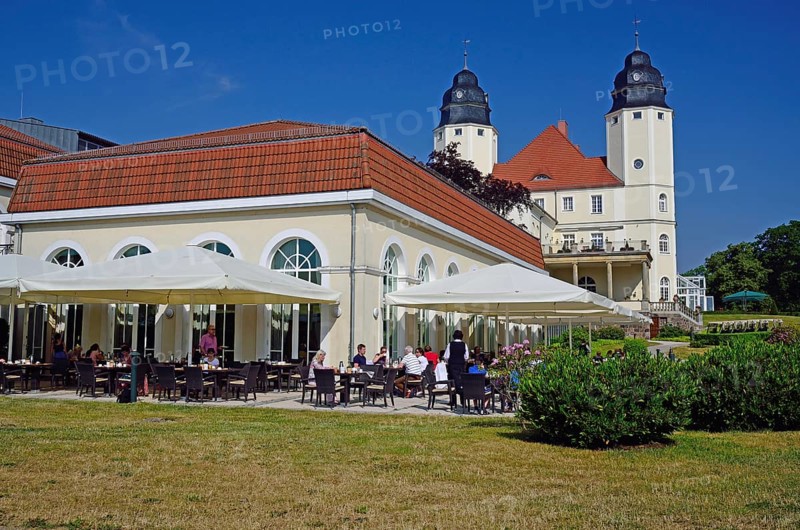 Europe, Germany, Mecklenburg-Western Pomerania, Göhren-Lebbin, Schloss Fleesensee, also Schloss Blücher, terrace, Schlosshotel, Göhren-Lebbin, Mecklenburg-Western Pomerania, Germany, Europe