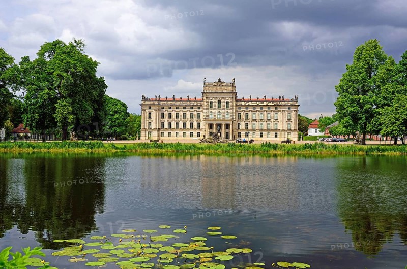 Europe, Germany, Mecklenburg-Western Pomerania, Ludwigslust, Ludwigslust Palace, front with water lily pond, built from 1772 to 1776 for Duke Friedrich von Mecklenburg-Schwerin, late Baroque, Schwerin, Mecklenburg-Western Pomerania, Germany, Europe
