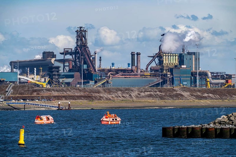 The Tata Steel steel and metallurgical plant in IJmuiden, Velsen, North Holland, Netherlands, largest industrial area in the Netherlands, 2 blast furnaces, 2 coking plants, rolling mills, directly on the North Sea, estuary of the river Ij, Ijmuiden aan Zee