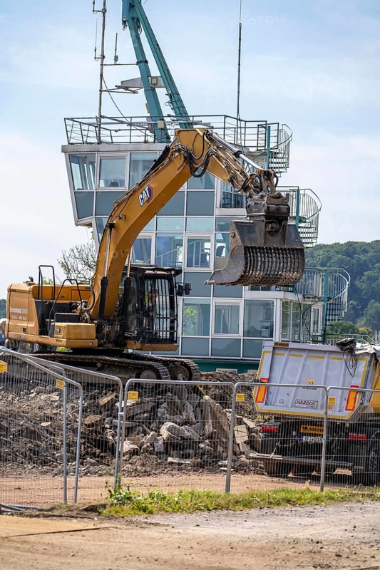 Demolition of the regatta grandstand at Lake Baldeney, in Essen, regatta tower remains standing, the entire facility is redesigned, rebuilt, extended, North Rhine-Westphalia, Germany, Europe