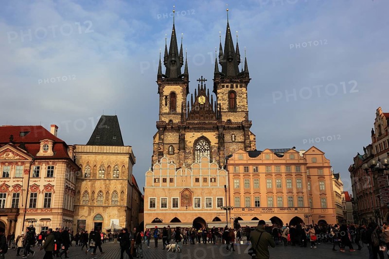 The Teyn Church, a Roman Catholic church in Prague's Old Town on the Old Town Square, on the left the Kinsky Palace, in the centre the House of the Stone Bell, Prague, Czech Republic, Europe