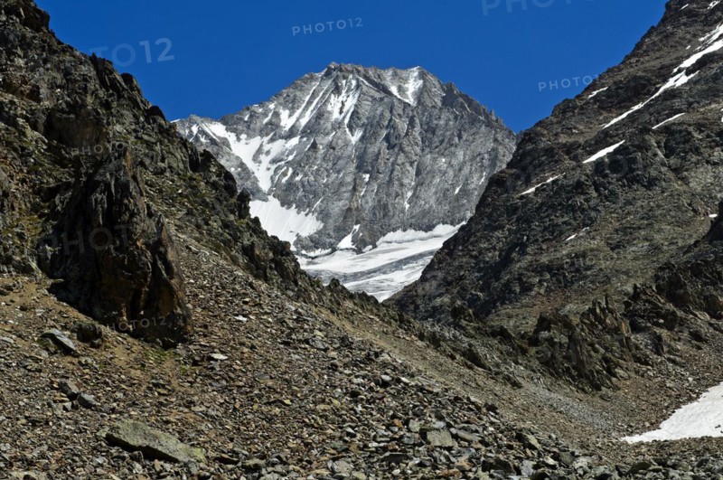 Wide scree fields in front of the Bietschhorn summit, Lötschental, Valais, Switzerland, Europe