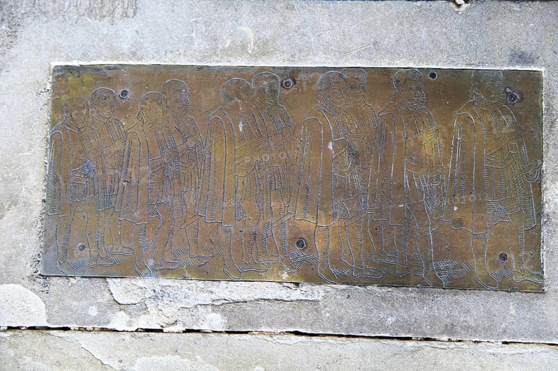 Tudor brass memorial ten sons of Edward Duke family, 1593, St Mary parish church, Benhall, Suffolk, England, UK-