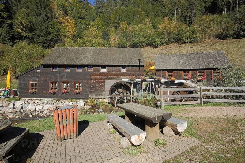 Hexenlochmühle with wooden bench, bench, rest area, Dreistegen, Furtwangen, Southern Black Forest, Black Forest, Baden-Württemberg, Germany, Europe